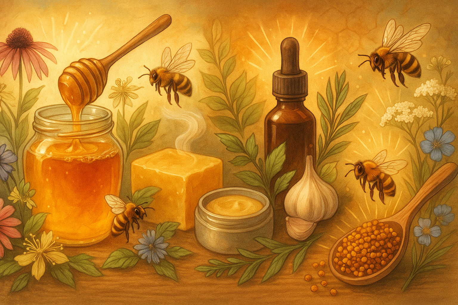 Umelecké zobrazenie včelích produktov a darov prírody – med v pohári, včelí vosk, tinktúra s kvapkadlom, cesnak a bylinky ako echinacea na drevenom stole.